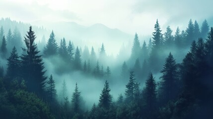 Misty pine forest landscape with fog and mountain silhouettes