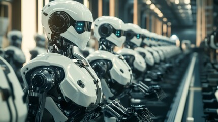 A line of humanoid robots with white shells and glowing blue eyes stand in a factory.