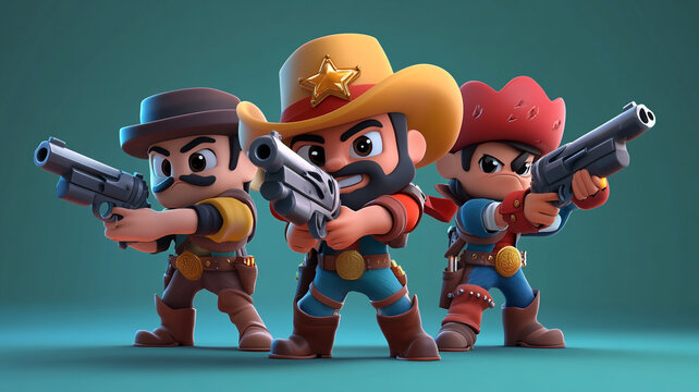 Three cartoon cowboy characters armed with guns ready for action in a playful standoff