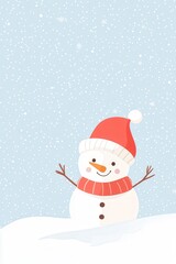 Fototapeta premium Cheerful snowman wearing a red hat and scarf, surrounded by falling snowflakes against a light blue background.