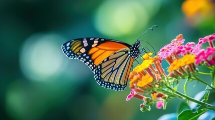 Obraz premium A vibrant butterfly perched on colorful flowers in a lush garden setting.