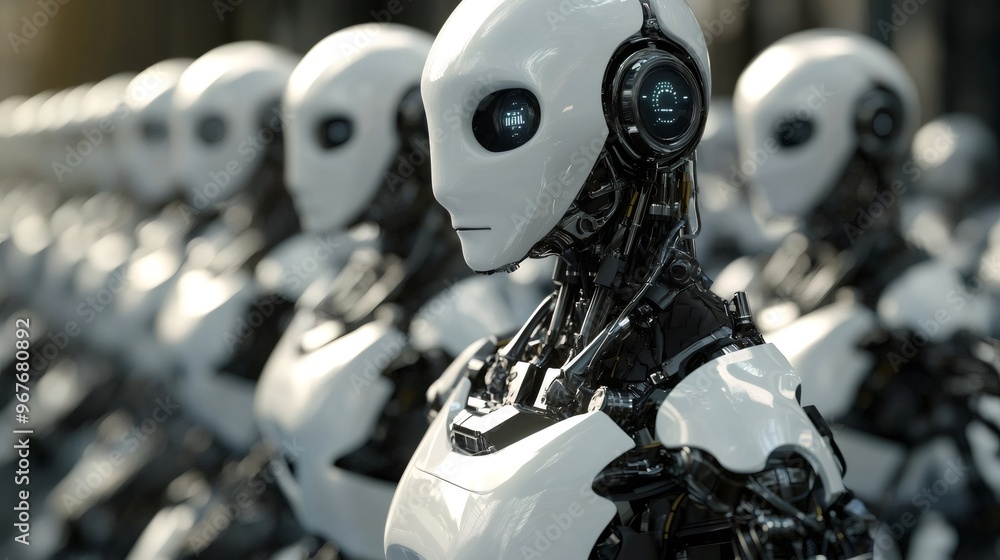 Poster a line of white humanoid robots with black detailing, the robot closest to the viewer is looking at 