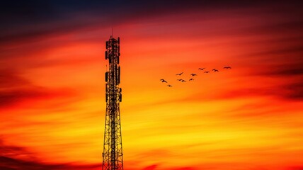 Naklejka premium A stunning sunset silhouettes a telecommunications tower against a vibrant orange and purple sky, with birds flying in the background.