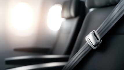 Close-up of an airplane seatbelt on a black leather seat, highlighting safety features in air travel.