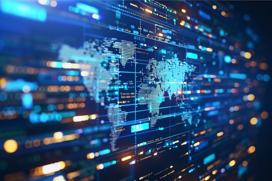 Global Network, Data Stream, Digital World Map, Technology Background, Cybersecurity Concept