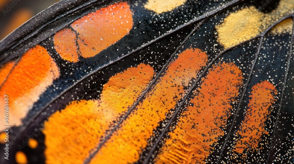 Poster close-up of a butterfly wing showcasing vibrant patterns and textures.