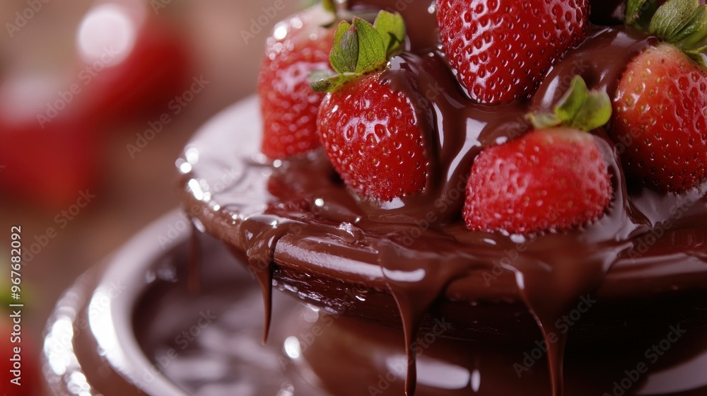 Sticker A decadent chocolate fountain topped with fresh strawberries, inviting indulgence and delight.