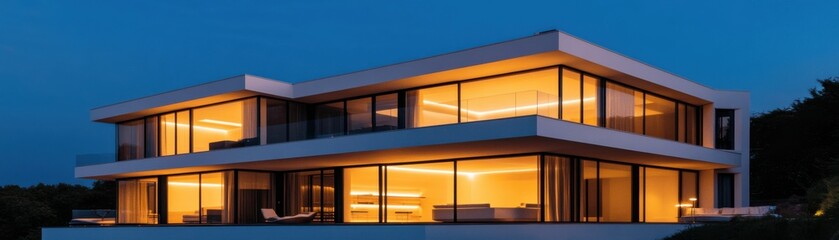 Fototapeta premium Modern house exterior illuminated at night, showcasing sleek design and warm lighting, perfect for luxury property showcases.
