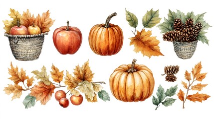A collection of Thanksgiving illustrations including a harvest scene with pumpkins, cornucopias, apples, and warm autumn leaves. Perfect for a festive greeting.