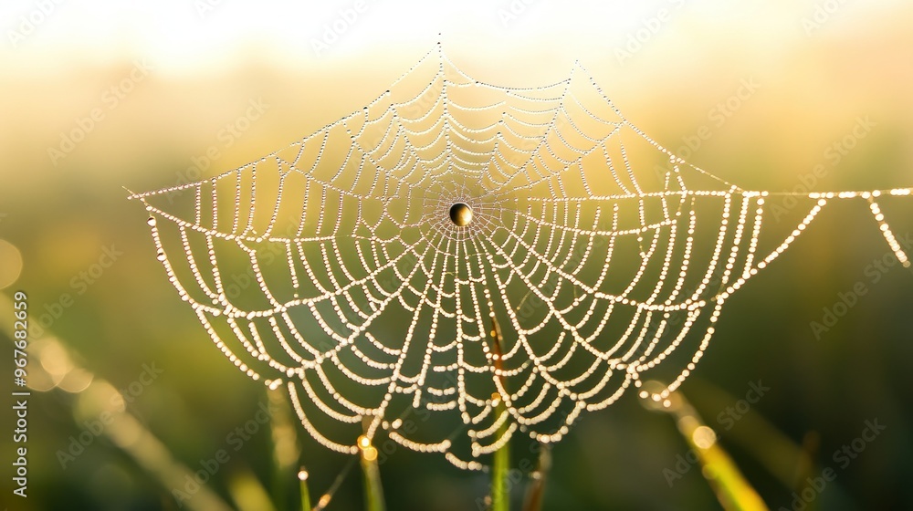 Poster a close-up of a spider web adorned with dew drops, illuminated by soft sunlight.