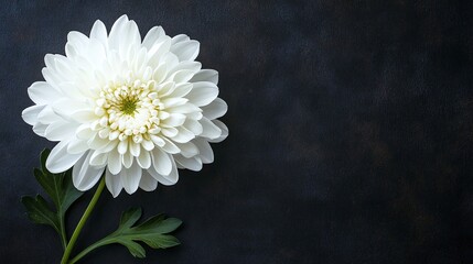 white chrysanthemum flower in a solemn mourning background with dark tones, beautiful floral tribute with copy space