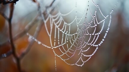 A close-up of a dew-covered spider web glistening in soft light against a blurred background.