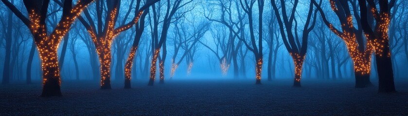 Obraz premium A serene nighttime scene of trees adorned with warm lights, set against a mystical blue background, creating a peaceful ambiance.