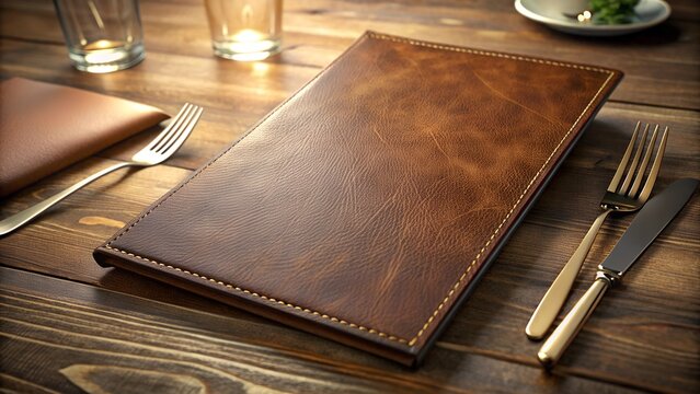 Rendering of a menu with a brown leather cover. generative AI