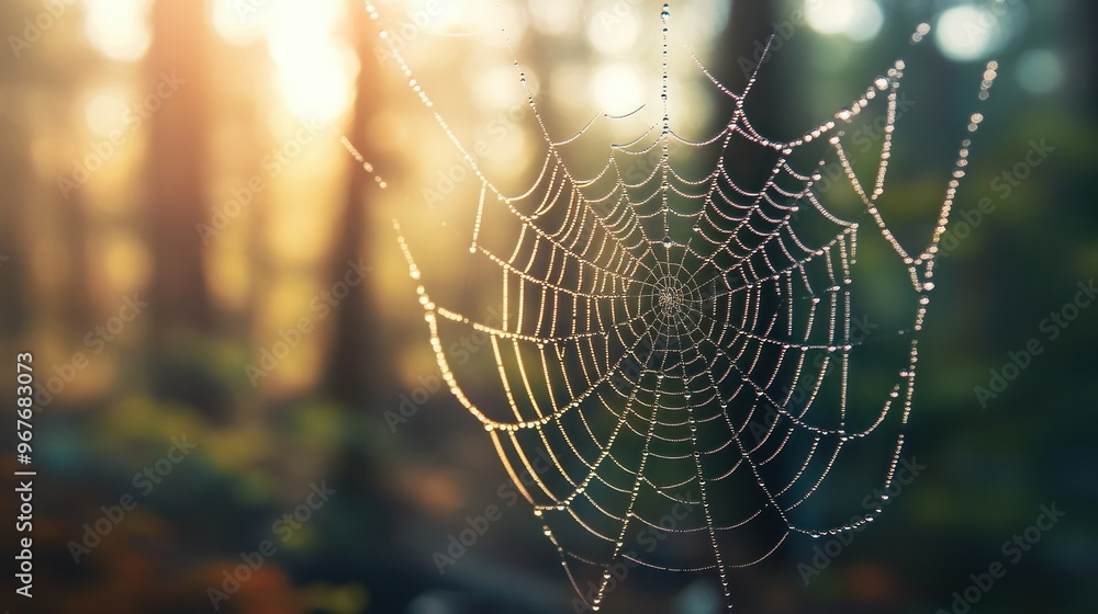 Poster a close-up of a spider web adorned with dew drops, illuminated by soft sunlight in a forest.