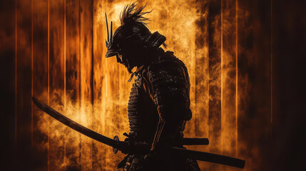 samurai warrior in traditional armor, holding a katana, with flames in the background.