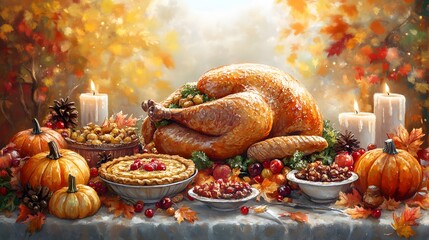 Illustrations of a Thanksgiving feast with dishes like roasted turkey, stuffing, and pies, alongside autumn elements like pumpkins, leaves, and candles.