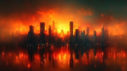 A surreal cityscape with distorted reflections, fragmented structures, and flickering lights, evoking a sense of disorientation and uncertainty