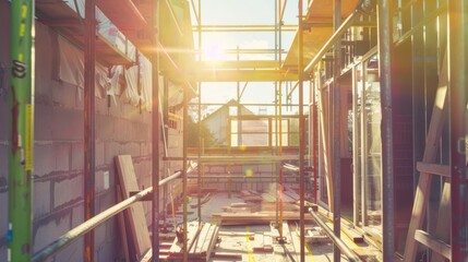 A construction site bathed in warm sunrise light, highlighting the scaffolding and incomplete structures against a clear morning sky.