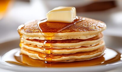 Fluffy Homemade Pancakes Stacked High With Butter and Syrup for a Delicious Breakfast Treat