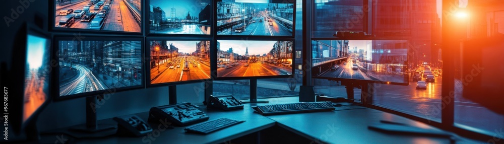 Poster a high-tech control room with multiple screens displaying urban transportation imagery at dusk.