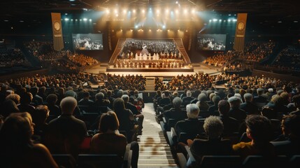 An expansive auditorium filled with attendees, intently watching a prestigious on-stage event under dramatic lighting, capturing the ambiance of grandeur and anticipation.