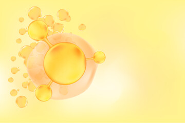 Gold, yellow glowing molecule, flowing particles motion background for beauty, nutrition backdrop with copy space. Collagen, peptide or hyaluronic acid structure with gold bubble serum formula.