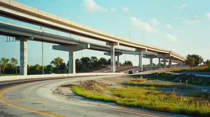 Fototapeta premium An expansive highway overpass bathed in warm sunlight, stretching across a serene green landscape with a clear blue sky in the background.