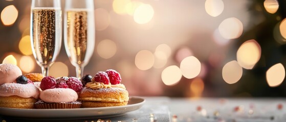 Celebratory scene with sparkling wine and delicious desserts, perfect for festive gatherings and special occasions.