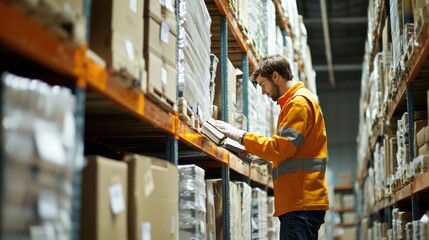 Fototapeta premium Warehouse worker sorting and allocating inventory items into labeled bins or sections