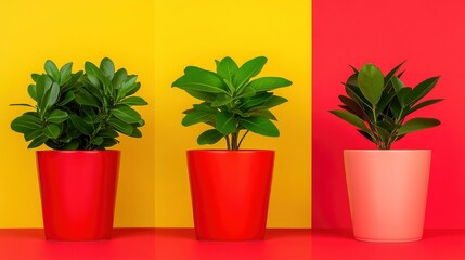 Obraz premium Three potted plants on a yellow and red background