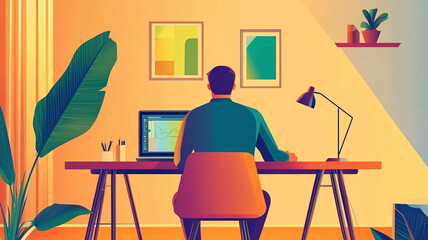 A digital artist working creatively in a bright, modern home office during the afternoon