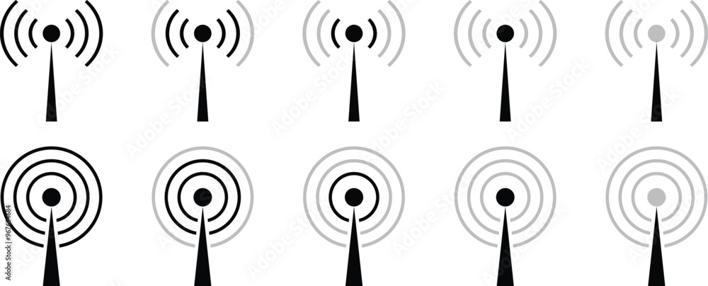 Poster set of mobile network antenna signal icon. phone internet antenna signal indicator vector illustration.