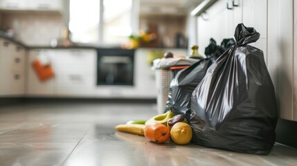 Bag with trash and bin on kitchen floor. Close-up, room for text.