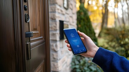 Person using a smartphone app to unlock a smart lock on their front door, showcasing modern home access technology
