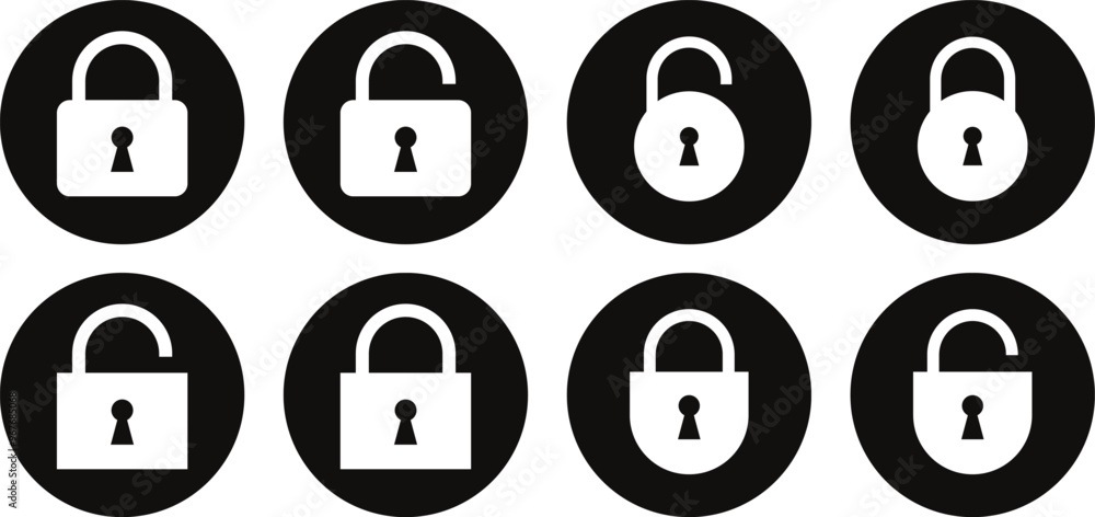 Poster set of lock icon. lock unlock symbol. white lock icon on black circle vector illustration.