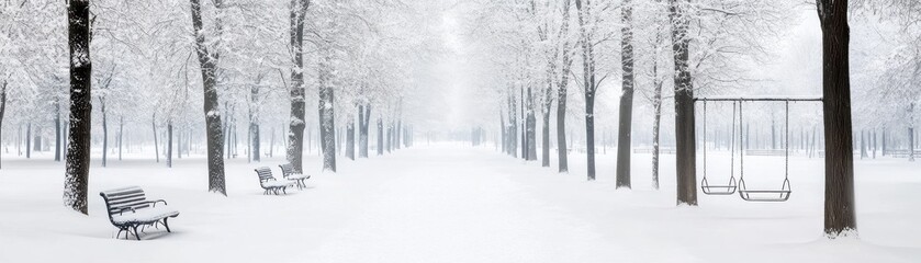 Obraz premium A serene winter scene featuring a snow-covered path lined with trees and benches, evoking tranquility and cold beauty.
