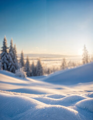 Winter snow background with snowdrifts, with beautiful light and snow flakes on the blue sky, beautiful bokeh circles, banner format, copy space.
