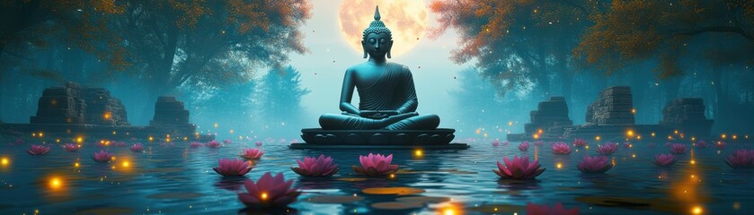 Serene Buddha statue surrounded by colorful lotus flowers, radiating tranquility in an enchanting landscape at twilight.