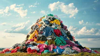 A vibrant and towering pile of discarded clothes under a blue sky, symbolizing excess and waste in fashion.