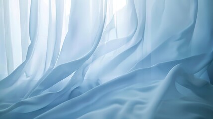 Fototapeta premium Soft, translucent blue curtains gently drape down, capturing the ethereal light streaming in, creating a serene and dreamlike atmosphere.
