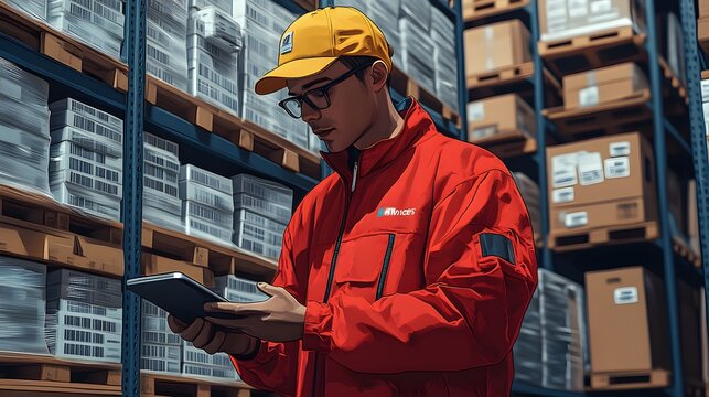 A cartoon-style warehouse worker scanning barcodes on packages using a handheld device, surrounded by stacked boxes.