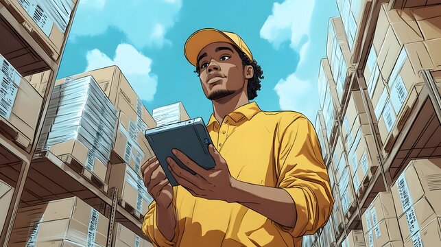 A cartoon-style warehouse worker scanning barcodes on packages using a handheld device, surrounded by stacked boxes.