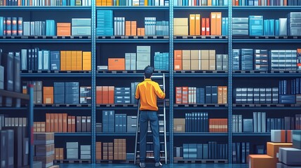 A warehouse worker loading boxes onto shelves using a step ladder, with a playful and colorful cartoon-style environment.