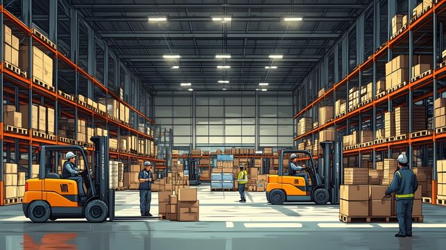 A busy warehouse scene with workers handling forklifts, organizing boxes, and managing inventory, in a dynamic cartoon vector style.