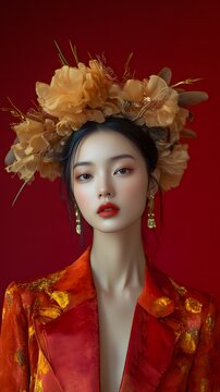 High end fashion art portrait photography of a japanese Woman model with a floral crown , a red blaser and a red background