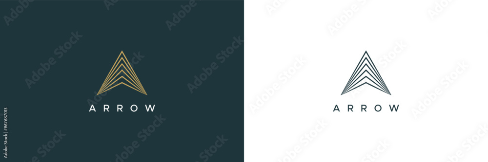 Poster simple arrow up logo image. gold geometric arrow shape striped lines style isolated on dual backgrou