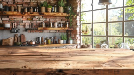 Fototapeta premium A beautifully designed kitchen with a rustic wooden table, filled with plants and kitchenware, inviting warmth and creativity.