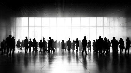 blurry office meeting scene with indistinct figures, conveying a sense of anonymity and the fast-paced, impersonal nature of modern corporate environments