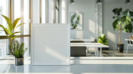 Fototapeta premium A bright modern office space featuring a blank canvas on a table, surrounded by plants and natural light for inspiration.